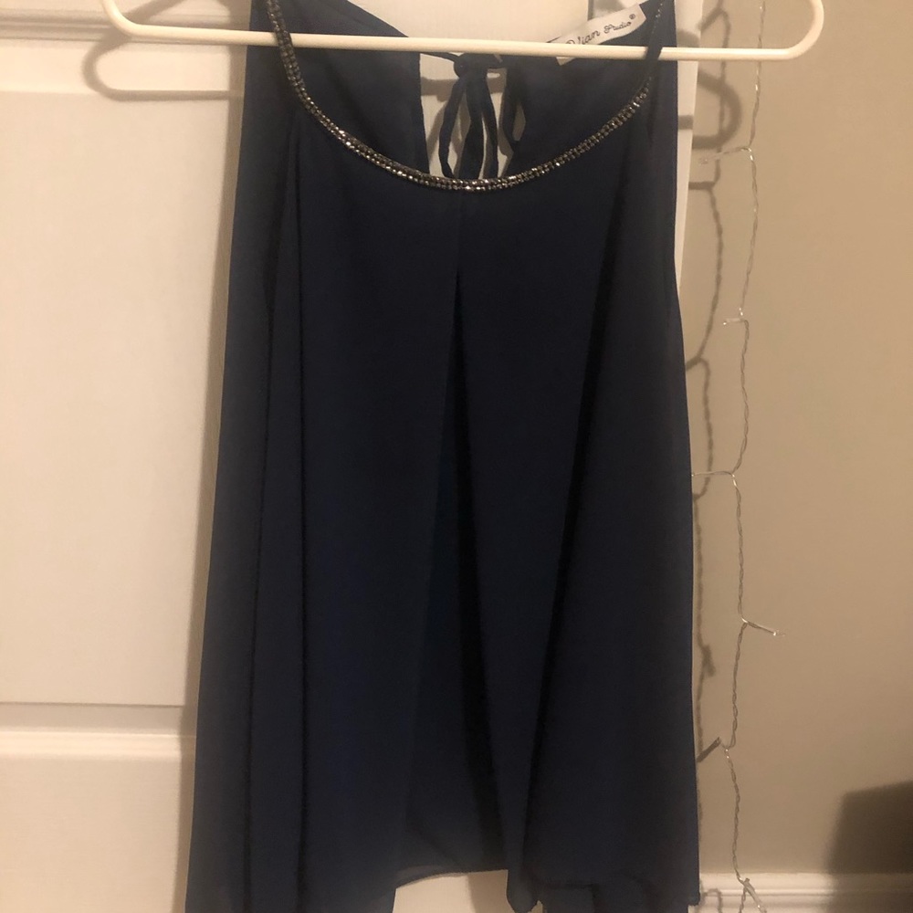 sleeveless navy tank top with sequin collar